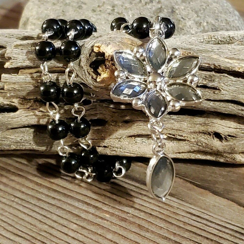 Victorian Style Black Silver and Smoke Navette Flower Pendant Necklace - Picture 2 of 5